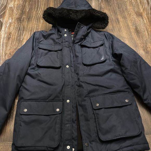 🟣 NAVY BLUE HOODED NAUTICA UTILITY COAT SIZE MEDIUM 10/12 BOYS - Picture 1 of 10